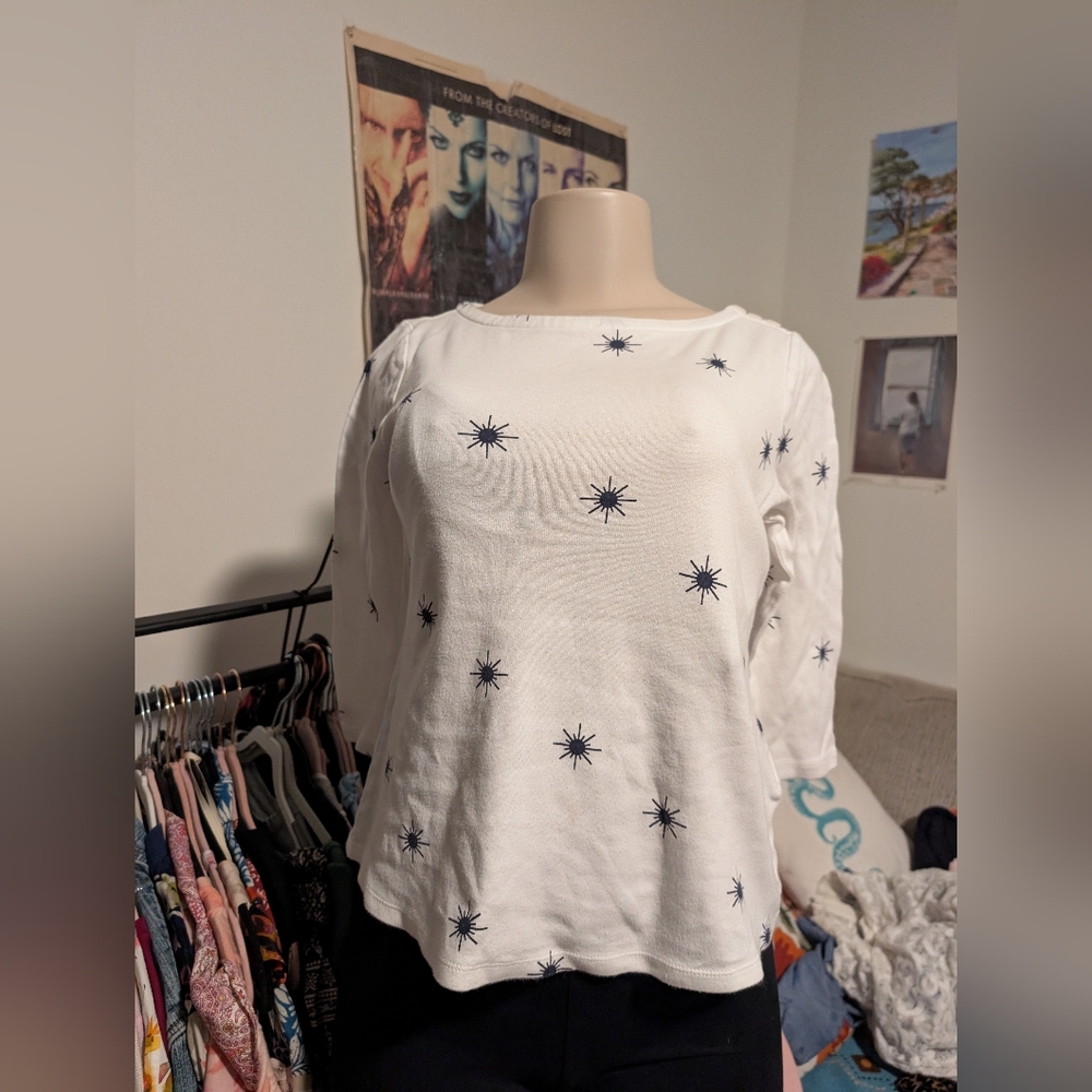 Charter Club White Top with Navy Starburst Print, 3/4 Sleeve Boat Neck Casual